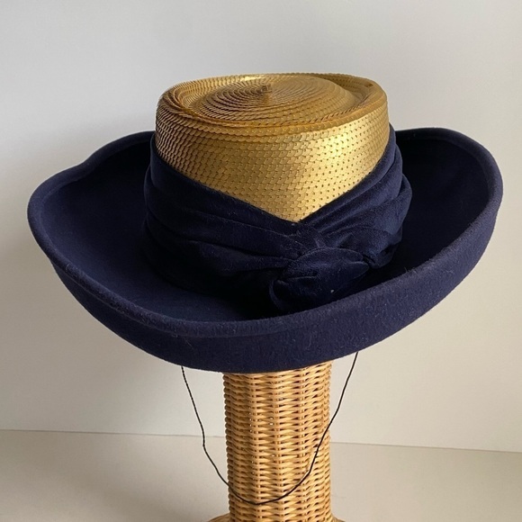Vintage 90s Whittall & Shon Wool Sequin Hat Navy Blue Gold Wide Brim - Picture 3 of 14